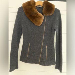 Neiman Marcus 100% Cashmere Cardigan W/Fur Collar-Sz S Gray